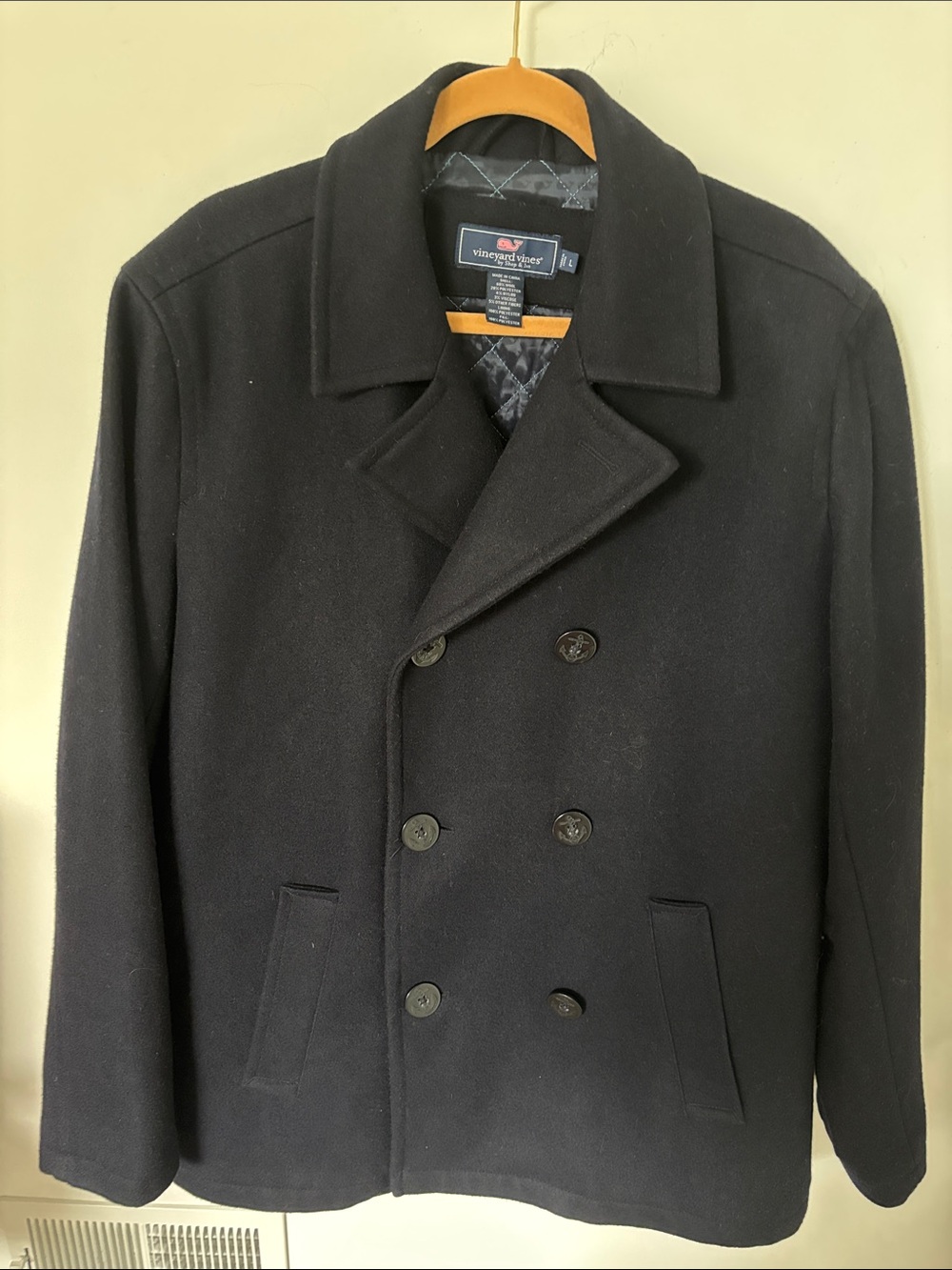 Vineyard Vines pea coat, navy, wool blend, size L